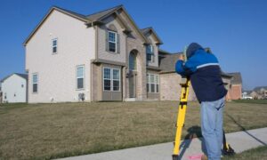 Land surveyor conducting measurements at a residential property for a land survey project