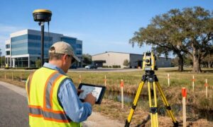 Professional land surveyor conducting an ALTA survey at a commercial property before a commercial real estate closing in Louisiana