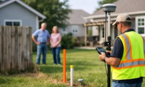 Licensed land surveyor conducting a boundary survey near a fence while homeowners observe a property line dispute resolution