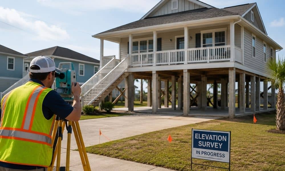 A surveyor conducting a flood elevation survey at a home before it is raised
