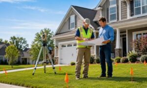 A land surveyor reviewing property boundaries with a homeowner before mortgage approval