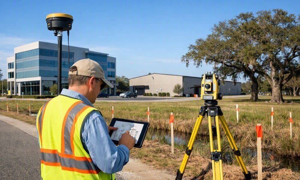 Professional land surveyor conducting an ALTA survey at a commercial property before a commercial real estate closing in Louisiana