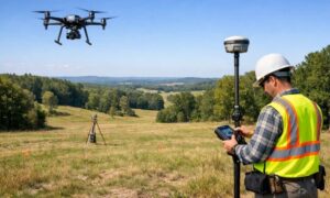 A land surveyor uses a GPS rover while a drone maps a large rural property from above during a professional land survey