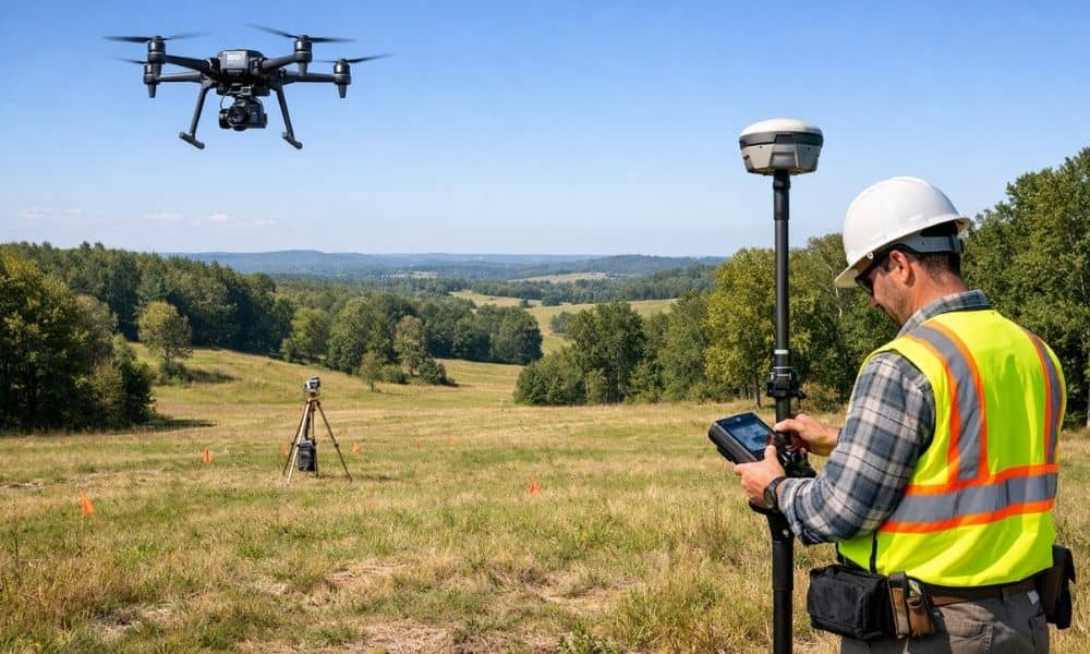 A land surveyor uses a GPS rover while a drone maps a large rural property from above during a professional land survey