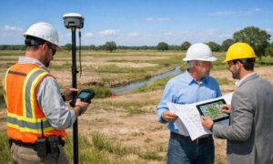 Land surveyor performing a topographic survey with GPS equipment while engineers review construction plans on an undeveloped site