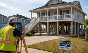 Home flood elevation survey - ALTA SURVEY Louisiana A surveyor conducting a flood elevation survey at a home before it is raised
